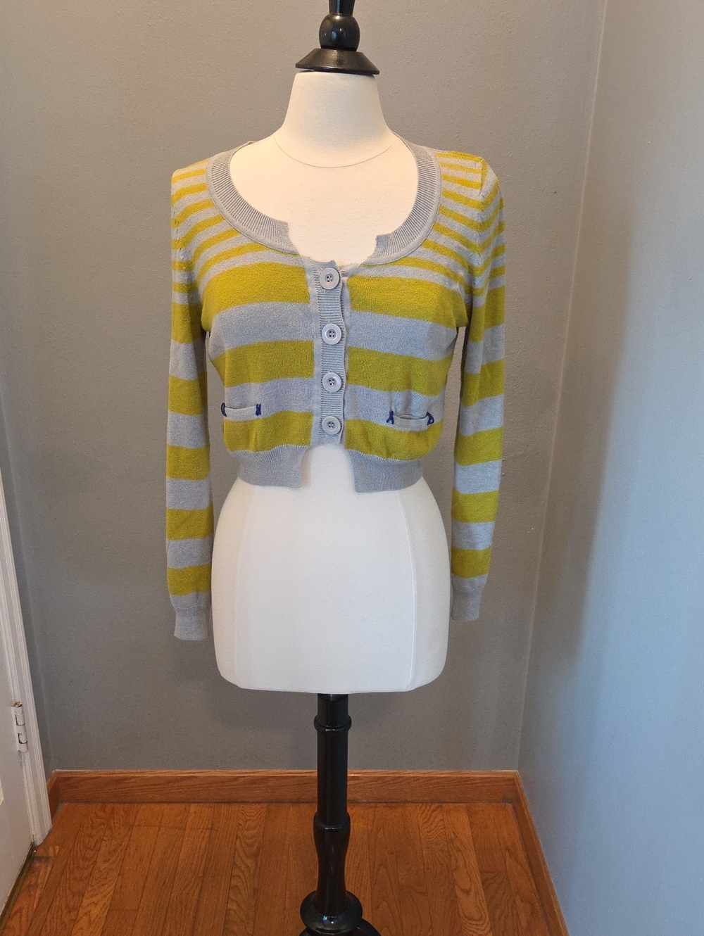 Lush Yellow and Light Gray Striped Cropped Button-Front Cardigan